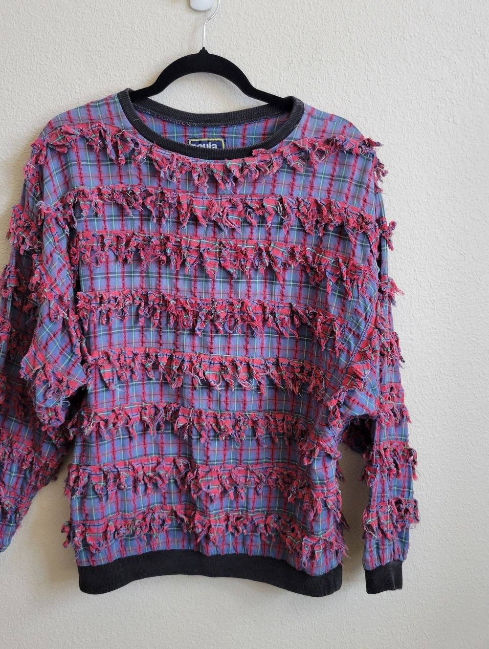 Paula Sweet Muslin Mink Quirky Fringed Knotted Plaid Sweatshirt Pink & Blue Med.